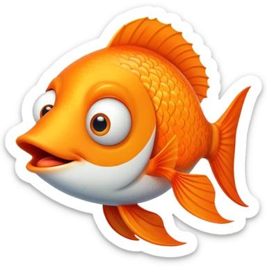 ultra derpy bright orange fish in side profile facing right, both googly eyes impossibly looking at viewer, goofy tongue sticking out, extremely stupid expression, flat 2D side view sticker