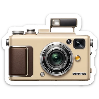 Olympus Superzoom 70G camera, beige color, vintage compact point and shoot camera with distinctive rectangular body, small viewfinder, protruding flash unit on top, and the exact silhouette of Olympus Superzoom 70G with its characteristic shape sticker
