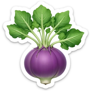 kohlrabi bulb, whole, round and slightly flattened, smooth skin in pale green to light purple, short leafy stems on top, firm with faint lines and bumps, soft lighting, emoji scale sticker