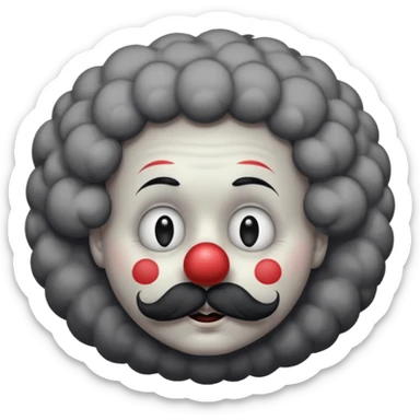 a melancholic clown character with a round gray face, half-closed sleepy eyes with long lashes, a big black round nose, and thick black mustache. Dark fluffy cloud-like hair on the sides of the head.  sticker