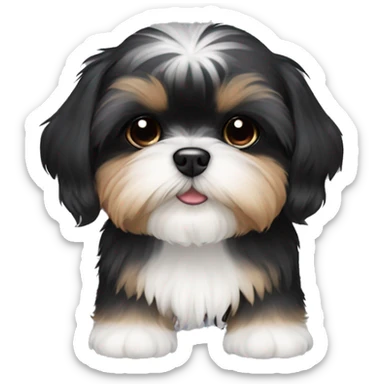 Shih tzu black puppy, yorkie coloring with light colored eyebrows. Round face, short ears. Looks like teddy bear  sticker