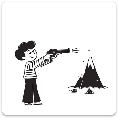 Hand drawn little guy with a toy gun shooting at a mountain with tiny goons sticker