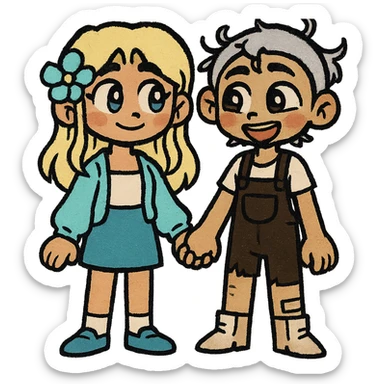 Create a couple image of these two cartoon characters standing side by side, both holding hands and smiling sweetly, matching their style, transparent background. sticker