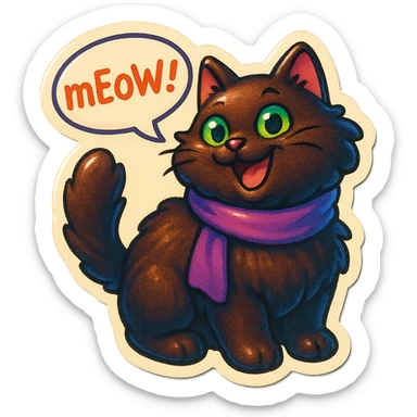 Fluffy cute playfull silly smiling happy dark-brown cat with green eyes and a purple scarf saying ‘mEoW~!’ (With a speech bubble) sticker