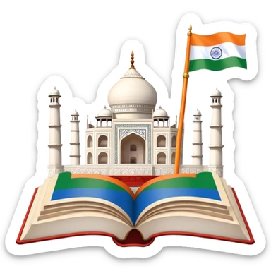An icon featuring the Taj Mahal and the flag of India, symbolizing the Hindi language. The design includes an open book with Hindi script and a traditional Indian flute, representing language learning and cultural richness. Transparent background highlights the heritage of India. sticker