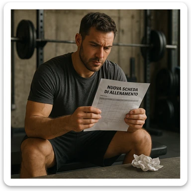 Uomo seduto su una panca in palestra che legge una nuova scheda di allenamento scritta in italiano, vecchia scheda accartocciata accanto, atmosfera realistica, dettagli iperrealistici 4K. sticker
