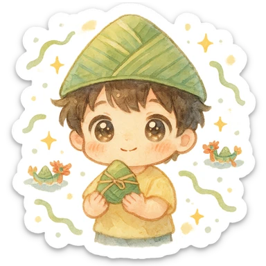 kawaii chibi boy with big sparkling eyes, wearing a rice dumpling hat and holding a mini zongzi, surrounded by tiny dragon boats, floating ribbons, star sparkles, soft pastel background, watercolor style, fluffy and soft lines sticker