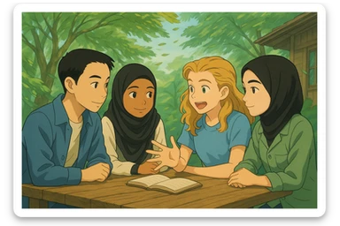 Le vent souffle dans les arbres à l'arrière-plan, les feuilles bougent, style ghibli, même composition que l'image de référence. sticker