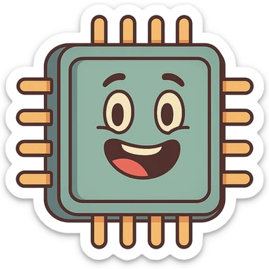 cartoon style CPU chip with smiling face, playful, bright colors sticker