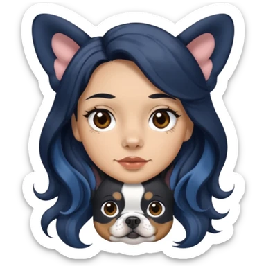 woman with olive skin, brown eyes and long lashes, and long black wavy hair with blue and white Merle frenchie sticker