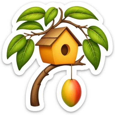 a hanging house on a mango tree branch with a bird beside it, simple and sweet emoji style sticker