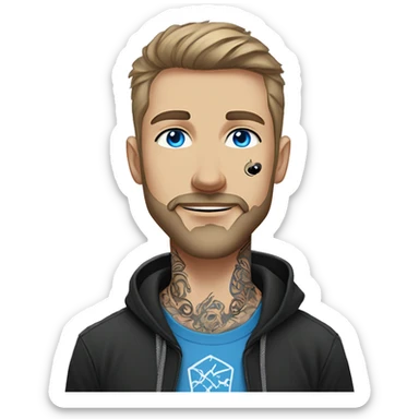 Man with Light brown hair, neck tattoos, arm tattoos, mustache and beard, blue eyes, silver nose piercing hoop, black anime graphic tee sticker