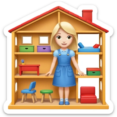 smiling girl arranging furniture in doll house sticker
