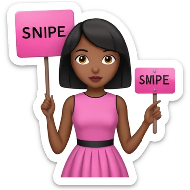 Dark skin woman with black bob in hair holding sign that says snipe  wearing pink dress  pink sign  sticker
