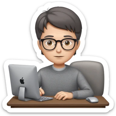 Profesor de pelo gris marrón oscuro con gafas un  jersey gris y un ordenador los óleos son marrones con poca cantidad de pelo sticker