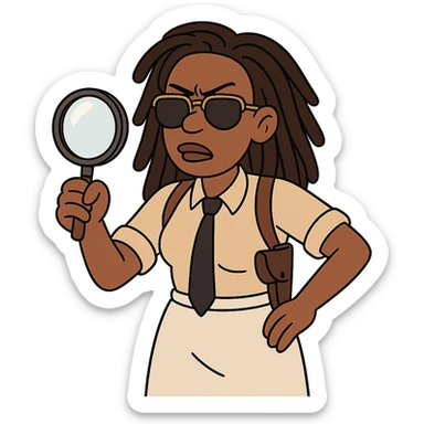 black detective with dreads, aviator sunglasses, white skirt, shoulder holster, cartoon style, holding a magnifying glass sticker