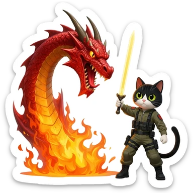 cat wearing  a jumpsuit with a want and a dragon attacking him sticker