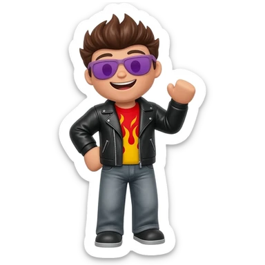 Cool Roblox boy avatar emoji, brown hair, purple sunglasses, smiling face, black leather jacket, red shirt with flame design, gray jeans, confident pose with one hand raised, playful and stylish vibe, 3D cartoon style, bright lighting, cute gaming emoji style sticker