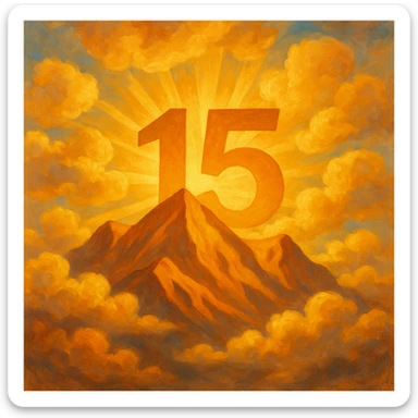 Add fluffy clouds to the scene, keeping the sunshine rising from mountains with the number 15 visible and integrated, in a painterly style. The style should resemble painterly brush strokes with rich texture and color blending. sticker