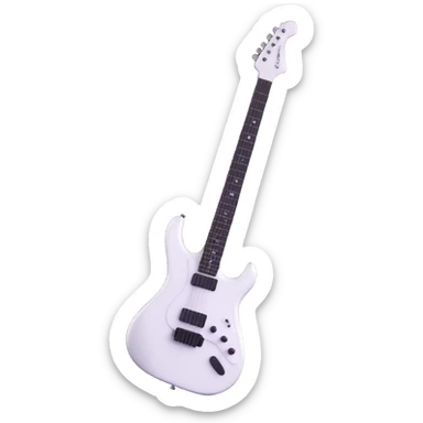 White electric guitar with sleek shiny body, black strings, and smooth neck sticker