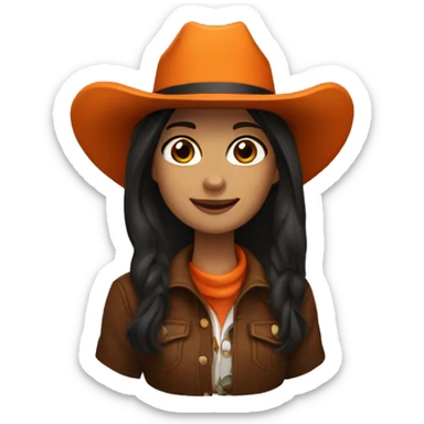 cowgirl straight dark brown hair, orange burnt coat, black hat sticker