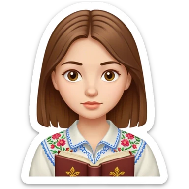 A Ukrainian girl with brown hair in an embroidered shirt reads a book sticker