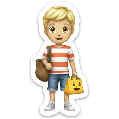 Blonde boy wearing striped shirt with a bag of money sticker