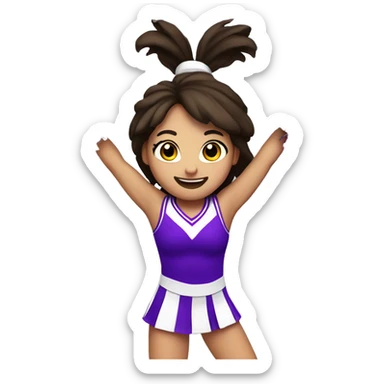 Caucasian cheerleader with dark brown hair, jumping and holding up two purple Pom poms sticker