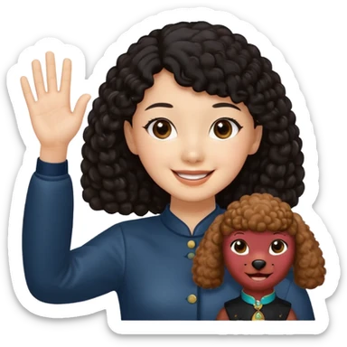 Brown poodle with Asia girl waving left hand sticker