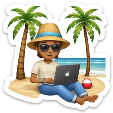 A gender-neutral emoji-style character (🧑‍💻) sitting with a laptop on the beach, next to a palm tree, with sun and ocean in the background. sticker