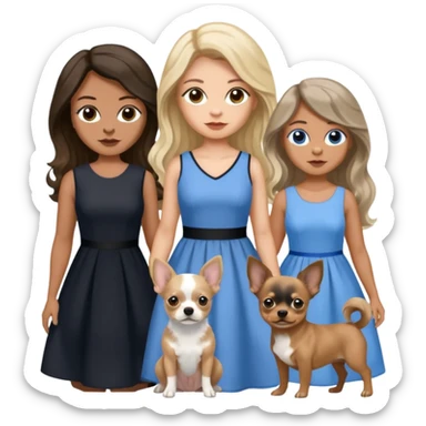 Three women in isolated dresses, brown eyed light skin with dark blonde long hair and Brown eyed light skin black long wavy hair and blue eyed light skin long blonde hair with gray Merle Frenchie and  black and tan chihuahua  sticker