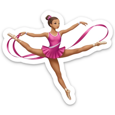 A graceful rhythmic gymnast performing with a flowing ribbon, executing an elegant leap mid-air. The pose exudes flexibility, balance, and artistry. The background suggests a competition arena with soft lighting, emphasizing movement, precision, and the beauty of the sport. sticker