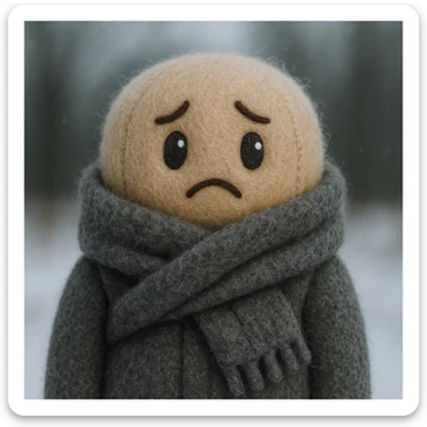 plush face bundled in a scarf, shivering, cold weather, cozy, soft texture sticker