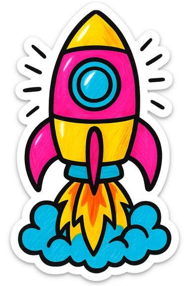a colorful rocket ship blasting off, bold and energetic, pop colors style sticker
