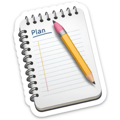 Emoji of a notebook with a pencil and the word “PLAN” written on the cover, iPhone emoji style. Flat design, smooth gradients, rounded edges, soft shadows, clean look, white background. sticker