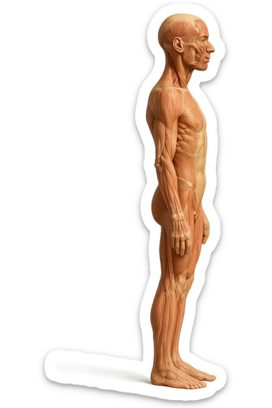 CORPO UMANO ANATOMICO REALISTICO DI PROFILO CON CURVA LOMBARE PIATTA, iperrealistico 4k sticker