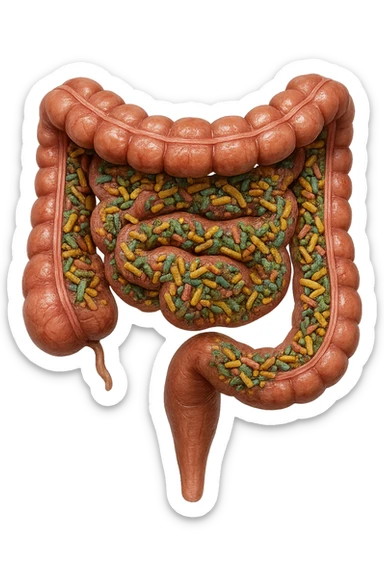 COLON DI UN INTESTINO UMANO ANATOMICO CON ALL'INTERNO PIENO DI BATTERI INTESTINALI, IPERREALISTICO 4K, NON DISEGNATO sticker