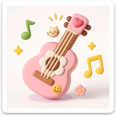 3D iOS style emoji of a pink guitar with musical notes and a cat, mimicking the colors and composition of the reference image. sticker