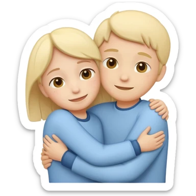 two simplified human characters hugging each other warmly, showing emotional support and friendship, gentle smiles, calm and safe mood, flat custom emoji sticker, soft pastel colors, rounded shapes, minimal details, mental health theme, thick outline, white background, no text sticker