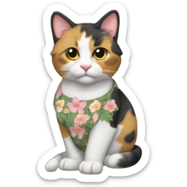 Purradise Meowscles is a buff calico cat  he has a mullet, a floral designed t shirt that is unbuttoned sticker