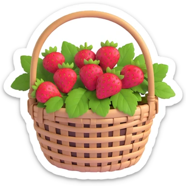 A basket of strawberries, vibrant red strawberries with green leaves, light brown woven basket with a handle sticker