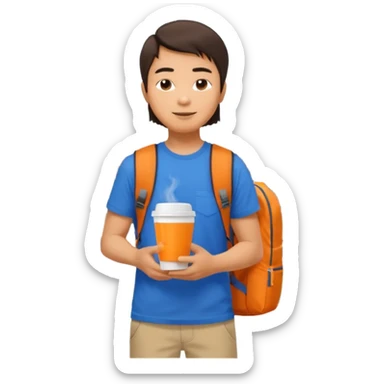 an asian man in blue t-shirt with orange cup of coffee and backpack on the back. Eiffel tower on the background. shoulder length  sticker