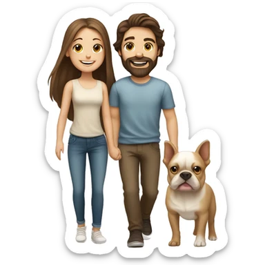 Brunette happy couple boy with beard and girl  with long hair with one cute beige French bull dog  sticker