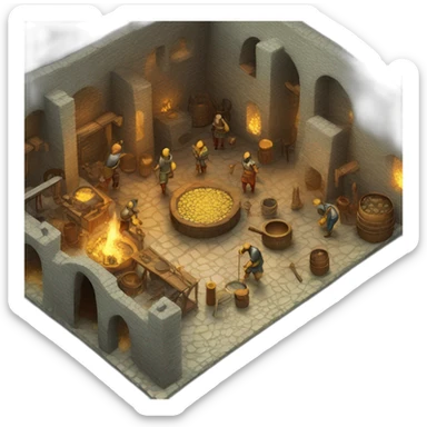 open floor plan of a medieval mint showing different people working, one person on the furnace, some people molding liquid gold into coins sticker