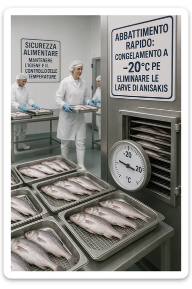 a fish processing facility where freshly caught fish are placed on trays and moved into a large industrial freezer. A temperature gauge shows -20°C, and an educational label explains that rapid freezing (abbattimento) is used to kill Anisakis larvae. The background includes workers in protective clothing and clear signage about food safety. in italiano sticker