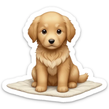 A Golden Retriever puppy standing peacefully on a soft blanket indoors. Cozy home environment, natural lighting, soft focus, adorable realism. sticker
