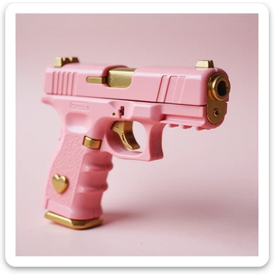 photorealistic pink pistol with a gold trigger and accents, no heart shapes or motifs, on a white background sticker