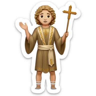fullbody young man with wavy hair in saintly attire standing in water John the Baptist, emoji style sticker