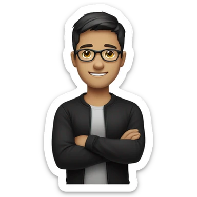 white young man with a friendly, confident smile. He has short dark hair and is wearing round glasses. He's dressed in a plain black t-shirt and has his arms crossed sticker