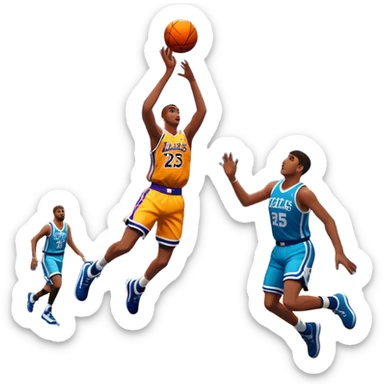 An icon featuring a basketball court with players in action, inspired by NBA 2K25. A player jumps for a dunk, with the ball mid-air. Bright lights illuminate the court, symbolizing the excitement of sports simulation games. Transparent background emphasizes the energy. sticker
